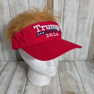 Trump 2024 Red Sun Visor with Faux Hair Novelty Political Hat Adjustable